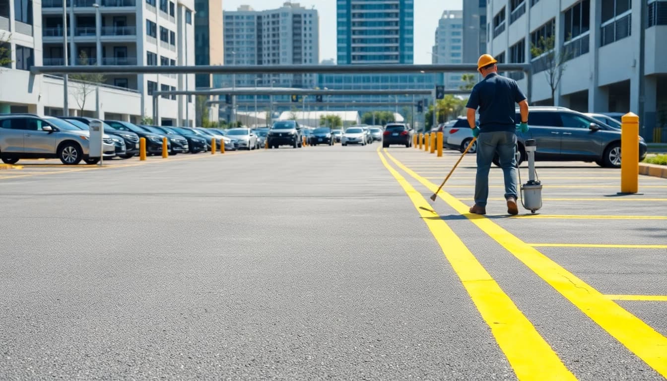 Parking lot striping County Line Road MS depicted with freshly painted lines and a professional crew.
