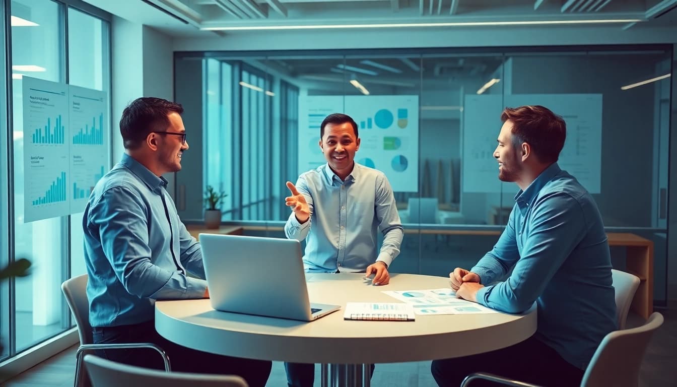 Crisis management consultant leads a team meeting with charts and laptops in a bright office.