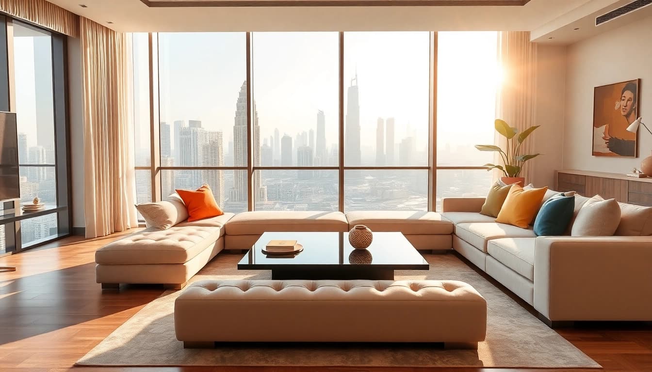 Elegant interior design dubai showcasing a modern apartment with bright natural light.