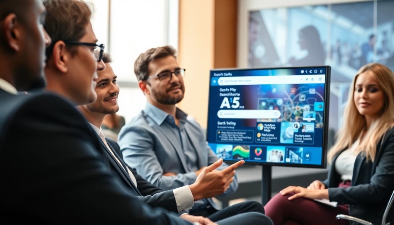 Showcasing enterprise search tools in a professional setting with engaged business professionals.