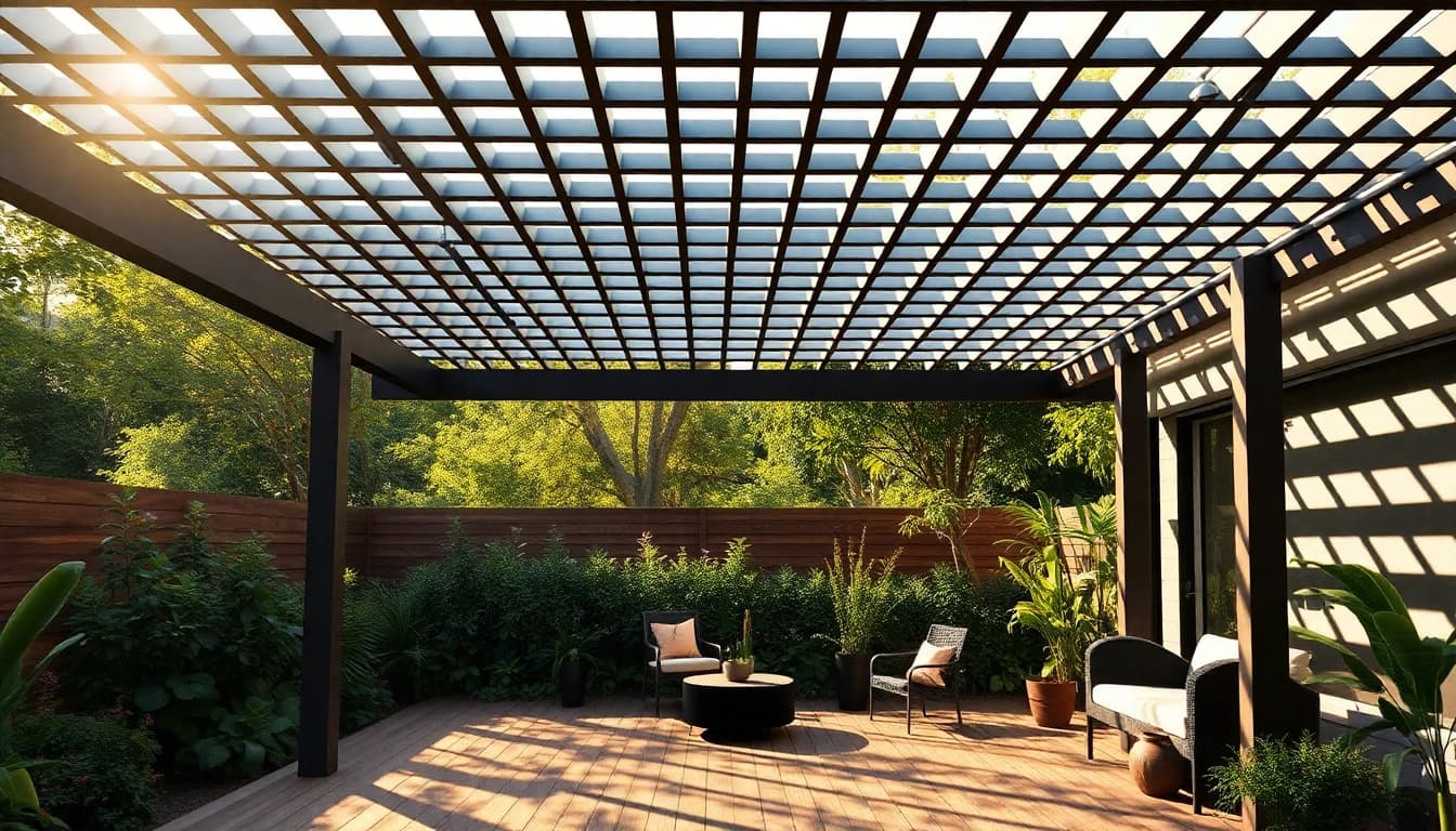 Enhancing outdoor living with a modern steel pergola set in a peaceful backyard.