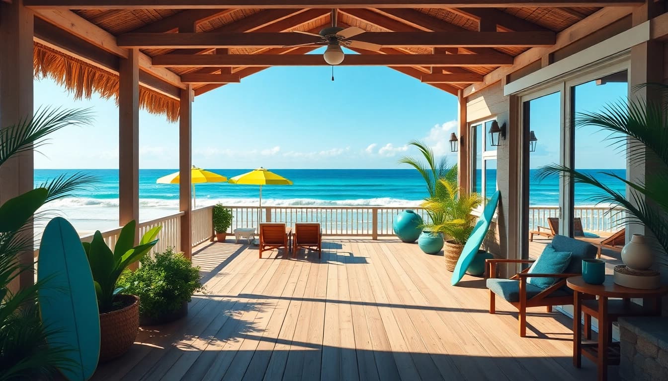 Relax in the coastal cabana with ocean views, sun loungers, and tropical plants for a serene retreat.
