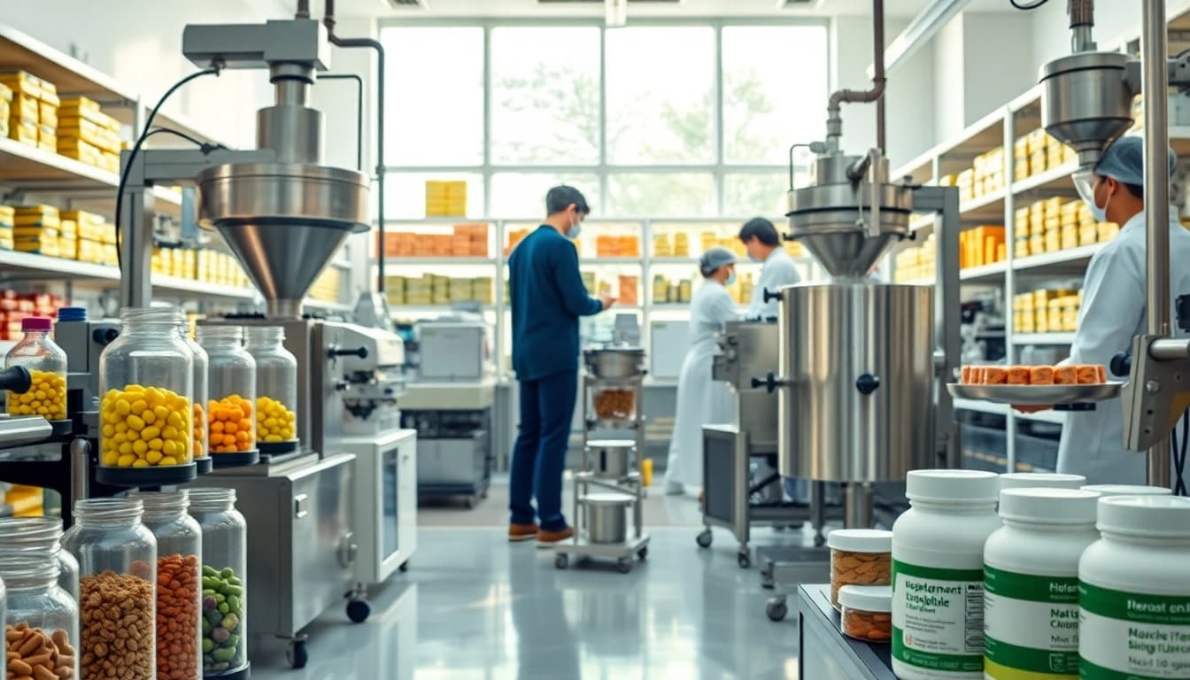 Food supplement manufacturers uk in a vibrant lab, showcasing quality production processes with advanced machinery.
