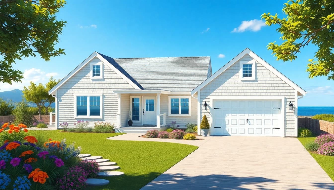 Stunning view of a cape cod home with an attached garage and bright landscaping.