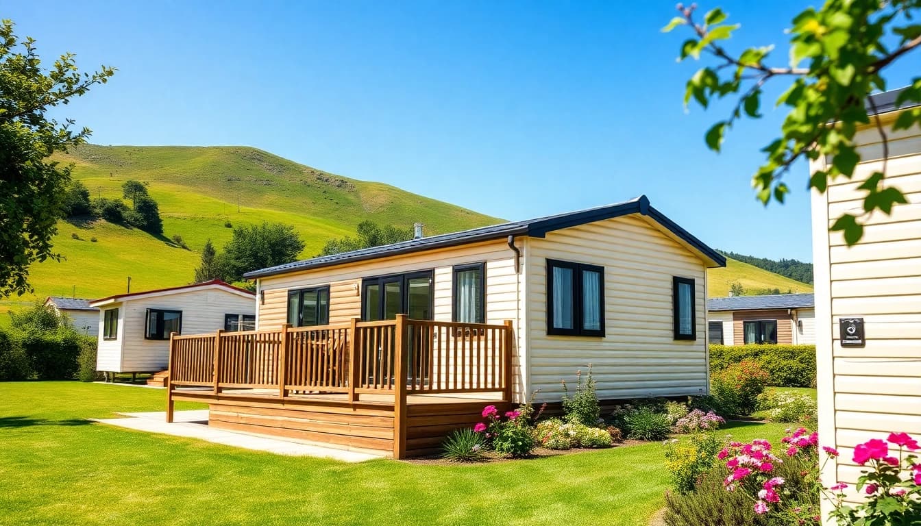 Static Caravans beautifully displayed in a scenic setting with greenery and a blue sky.