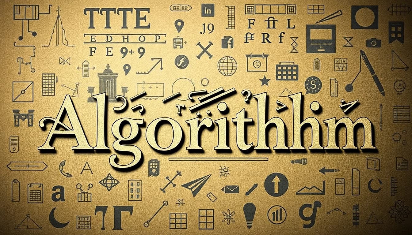 Explore the intricacies of algorithm etymology through a blend of ancient manuscripts and modern symbols.