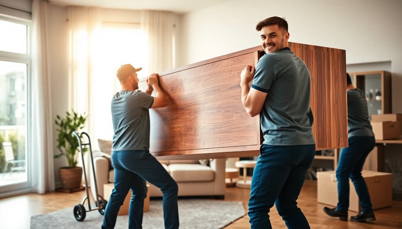 Efficient moving services edmonton with professional movers handling a large cabinet in a modern home.