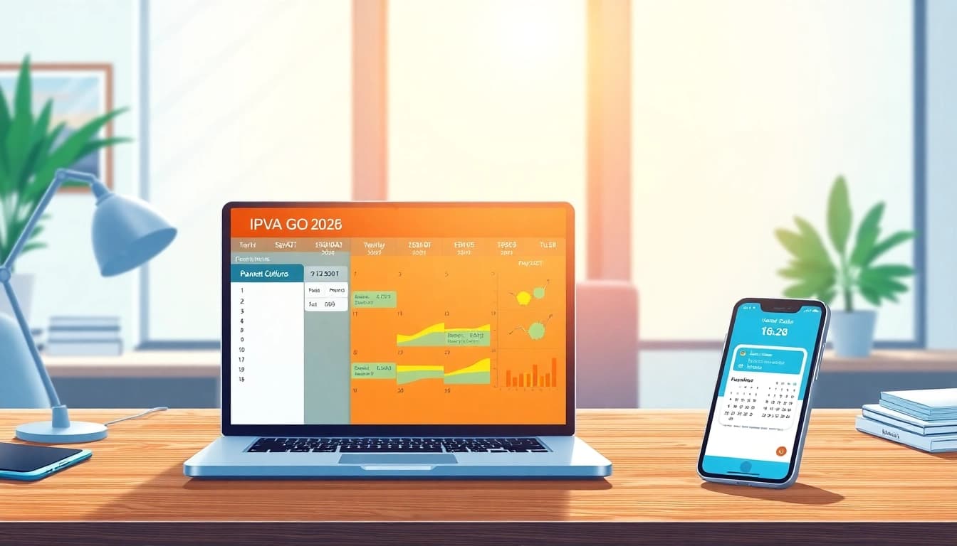 Visual representation of the IPVA GO 2026 tax payment calendar with modern financial tools.