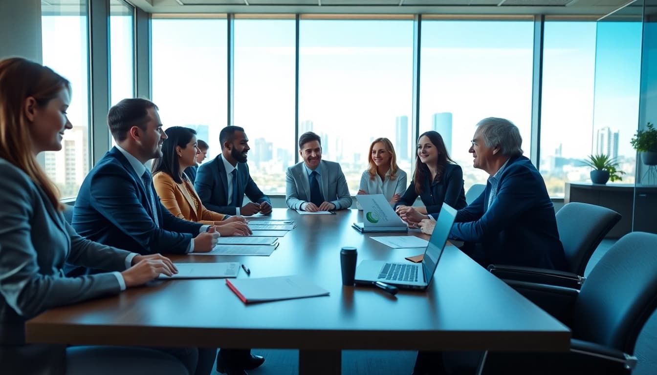 Professionals collaborating on contracts and grants in a bright office environment.