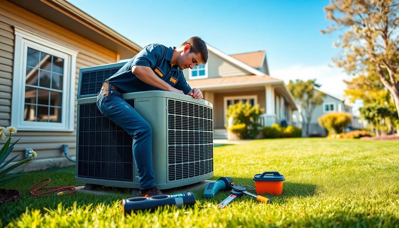 Experienced technician servicing an American Standard HVAC unit in a bright suburban setting.