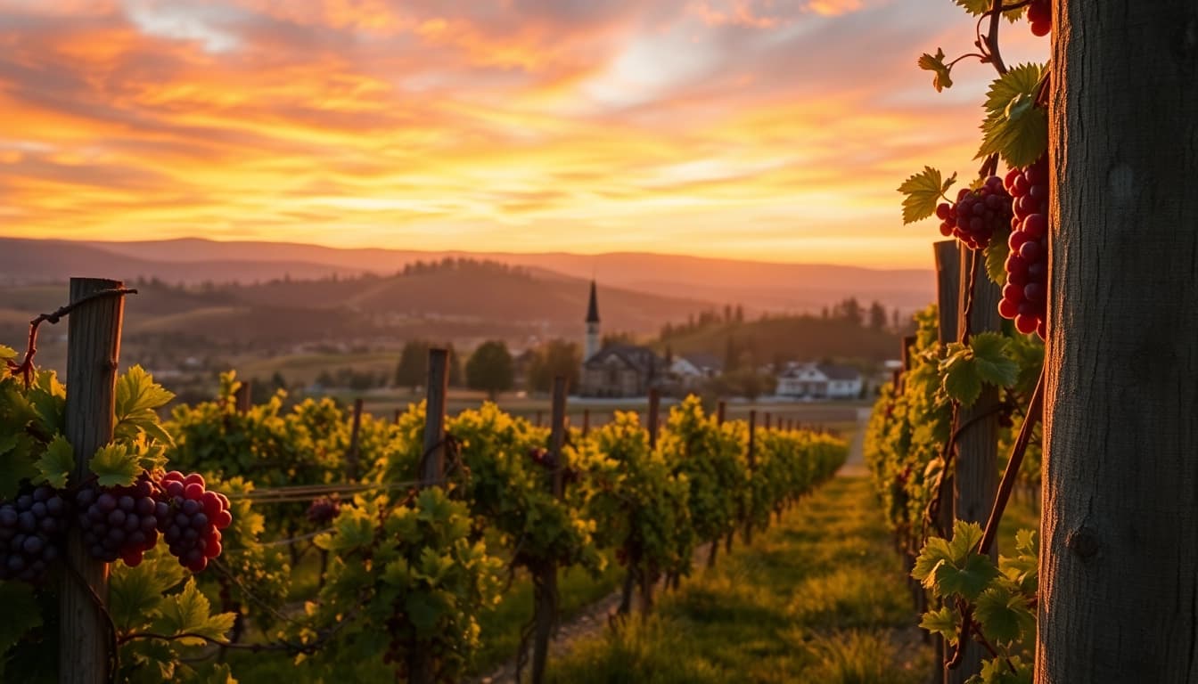 Carksburg CA vineyards glowing at sunset with rolling hills in the background.