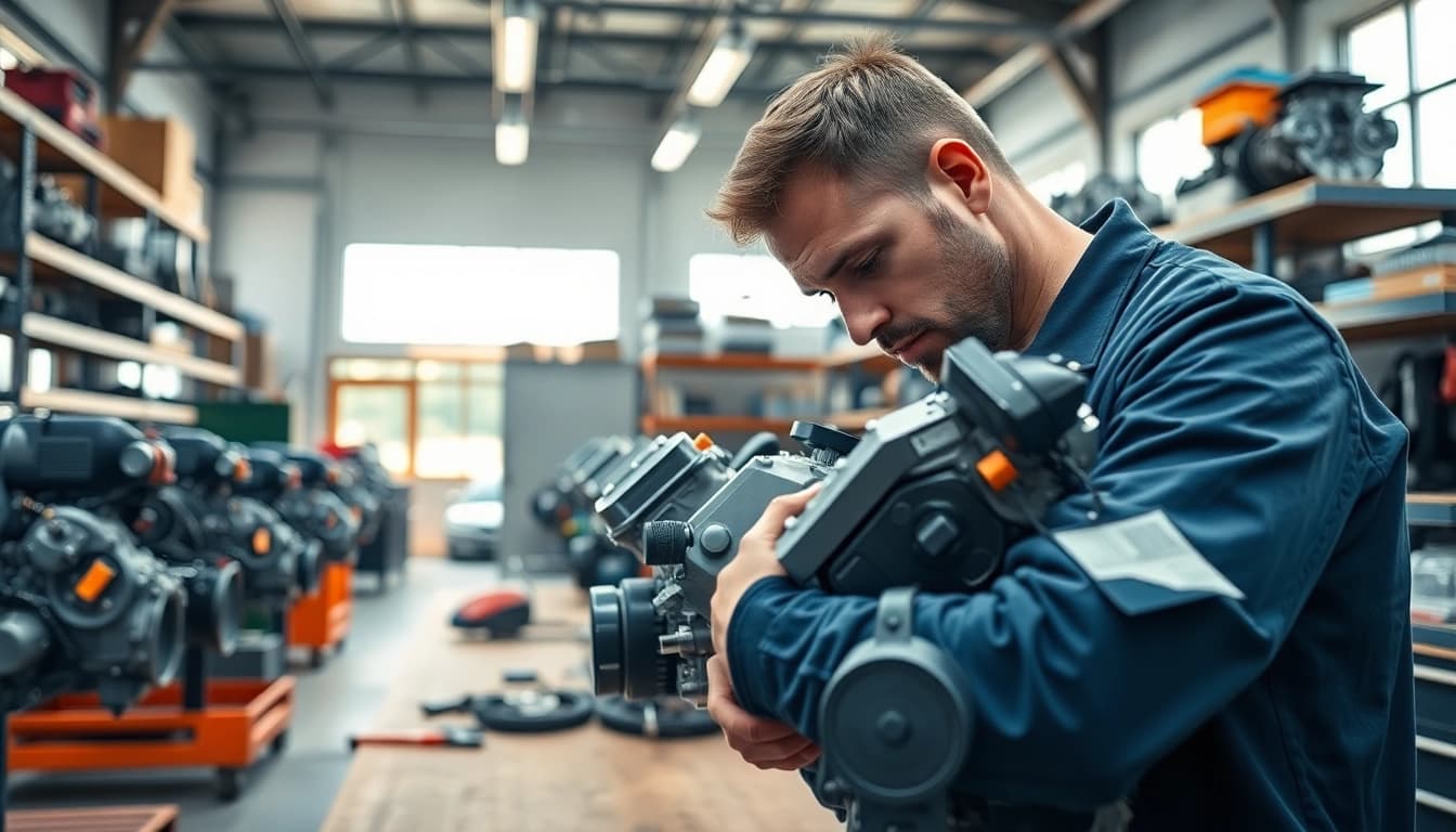 Inspecting various used engines in an organized workshop environment.
