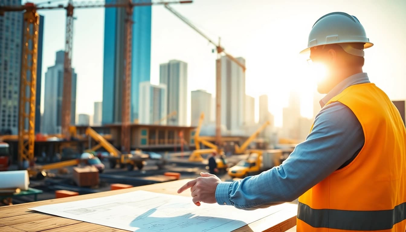 New York City General Contractor examining plans at a vibrant construction site.