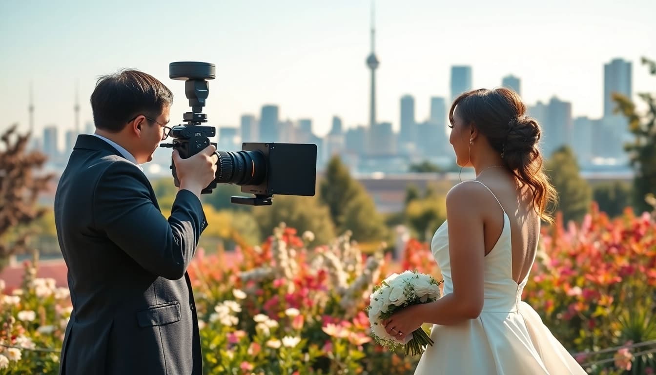 Capture of on-location videography toronto at a romantic wedding in a vibrant garden.