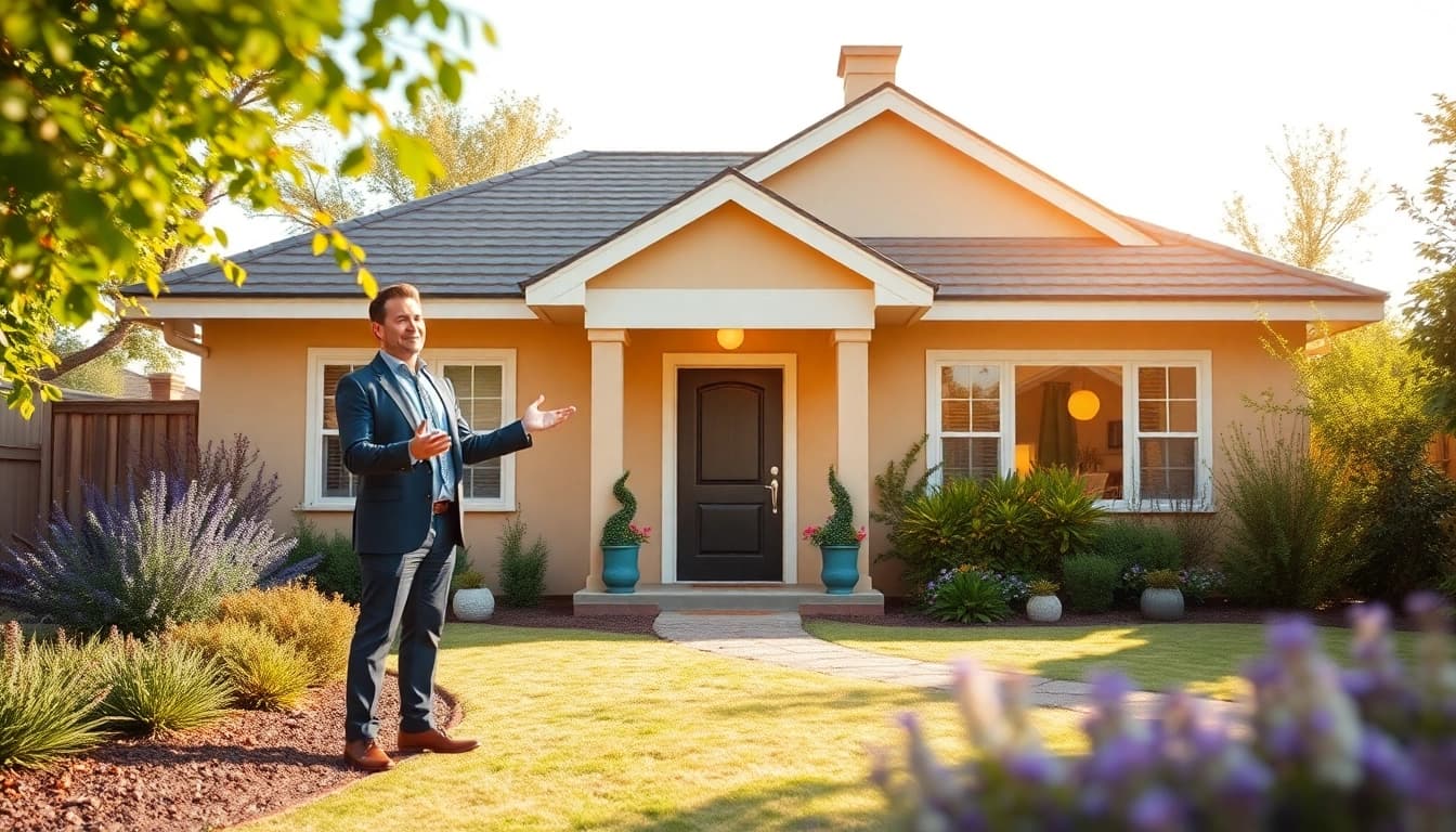 Showcasing a real estate agent engaging buyers in a stunning property garden.