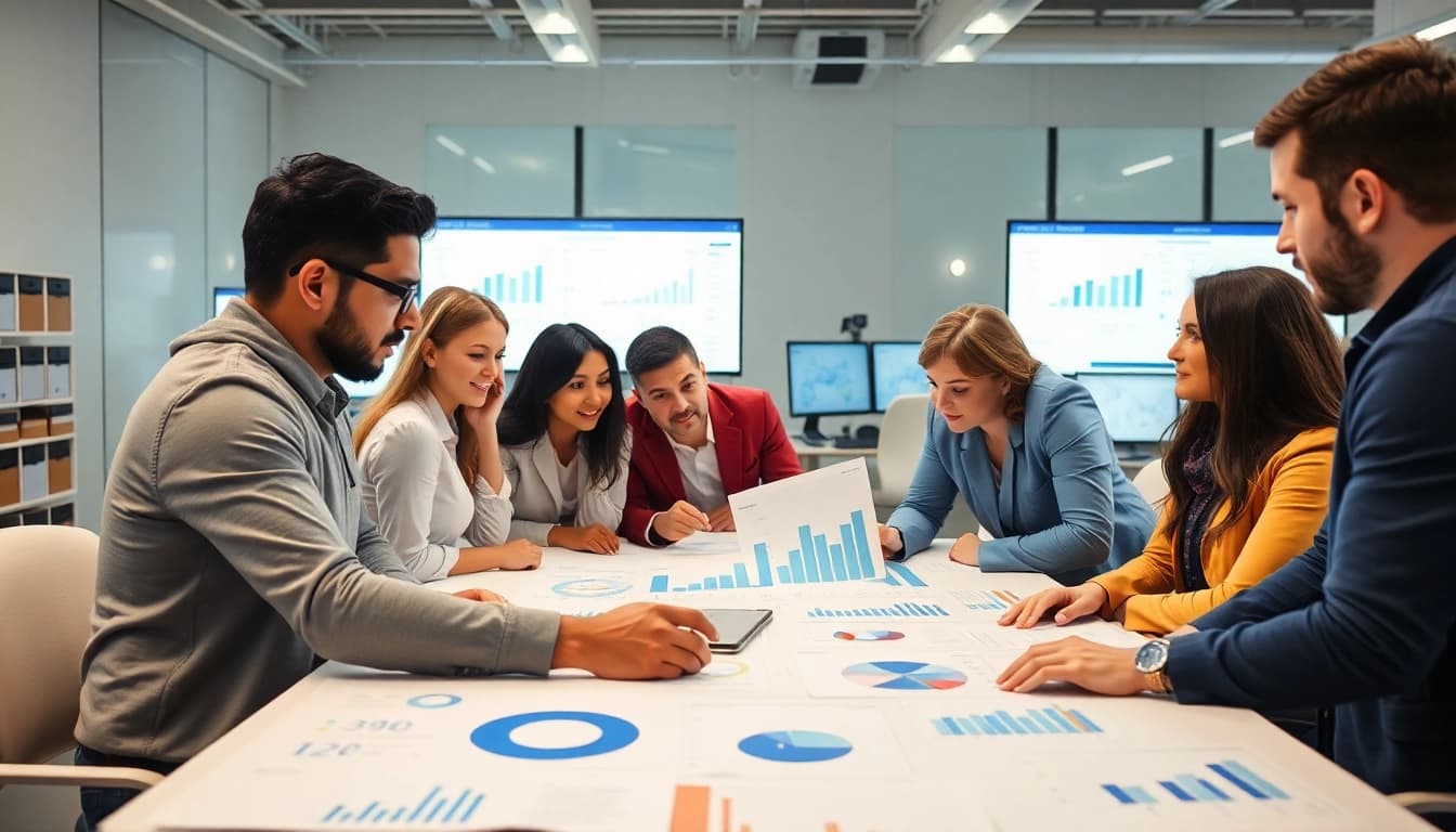 Analyze inventory planning strategies with a focused business team, showcasing teamwork and data insights.