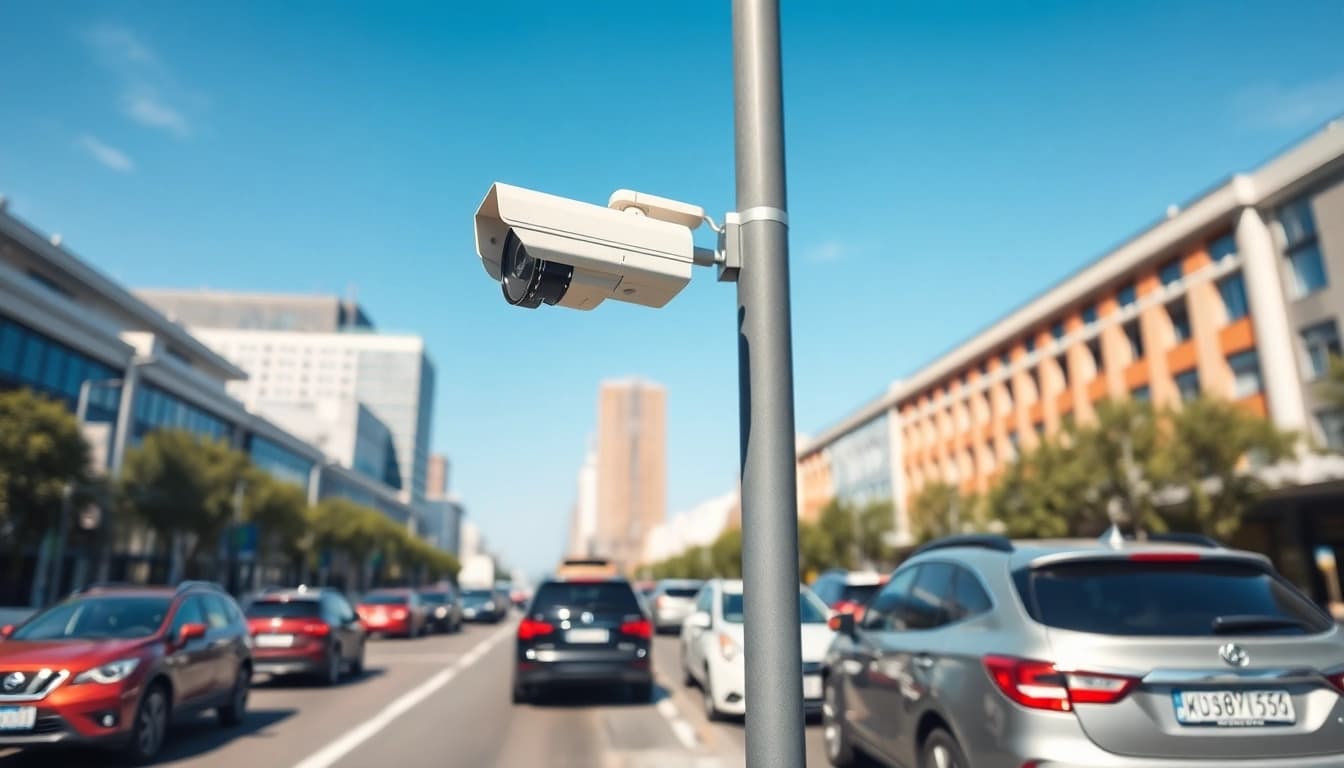 Capture of automatic license plate recognition technology in action on busy urban street.
