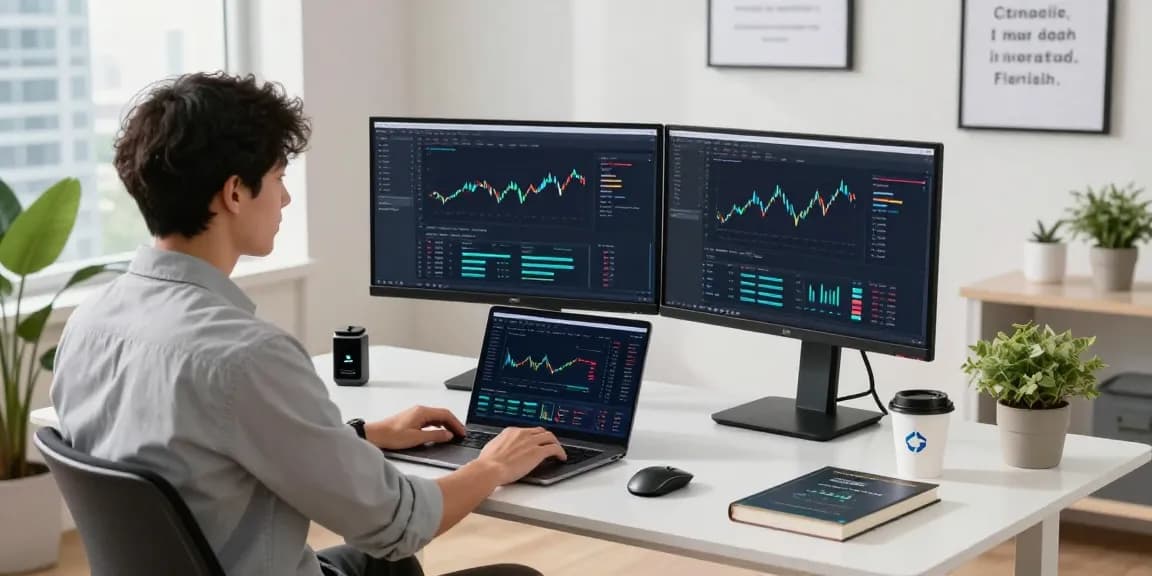 Developer coding fintech data integration service API in a modern workspace.