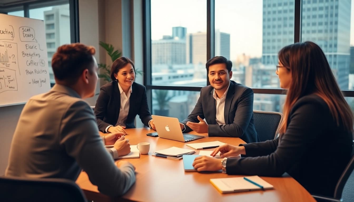 Engaging with a business coach los Angeles in a dynamic conference room setting.