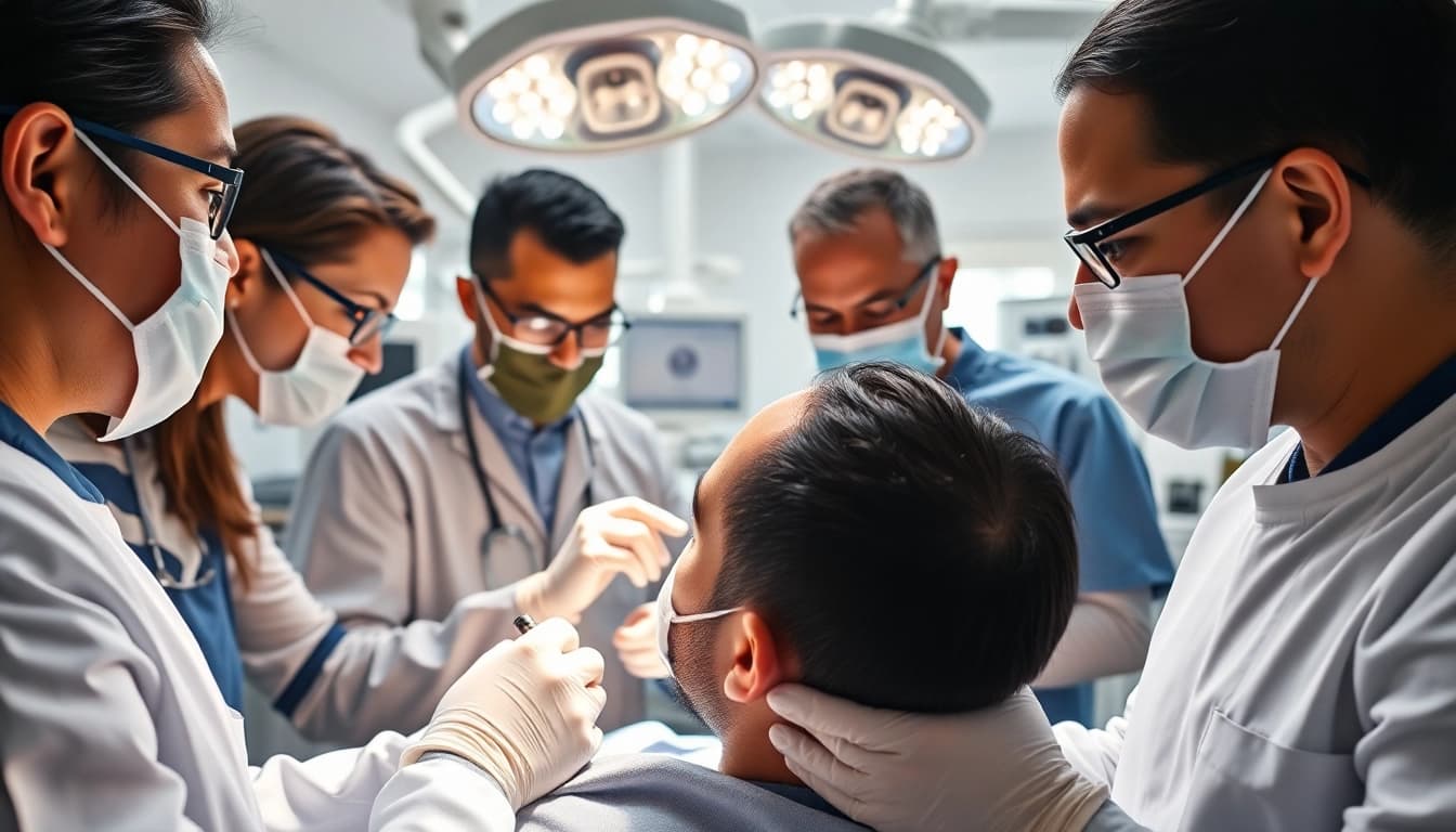Engaged team performing hair transplant london in a modern, professional clinic setting.