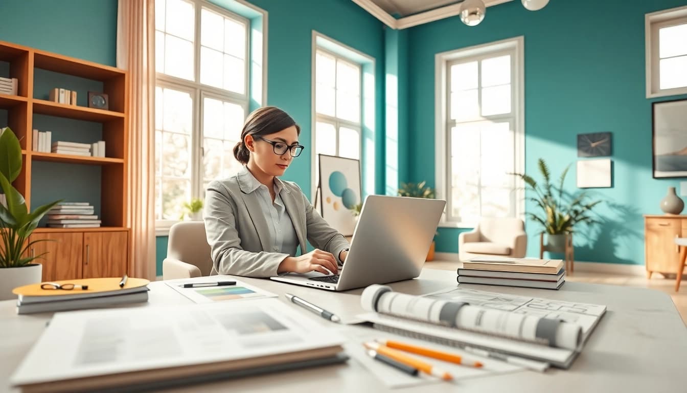 projektant wnętrz online pracujący nad kolorową koncepcją w biurze kreatywnym