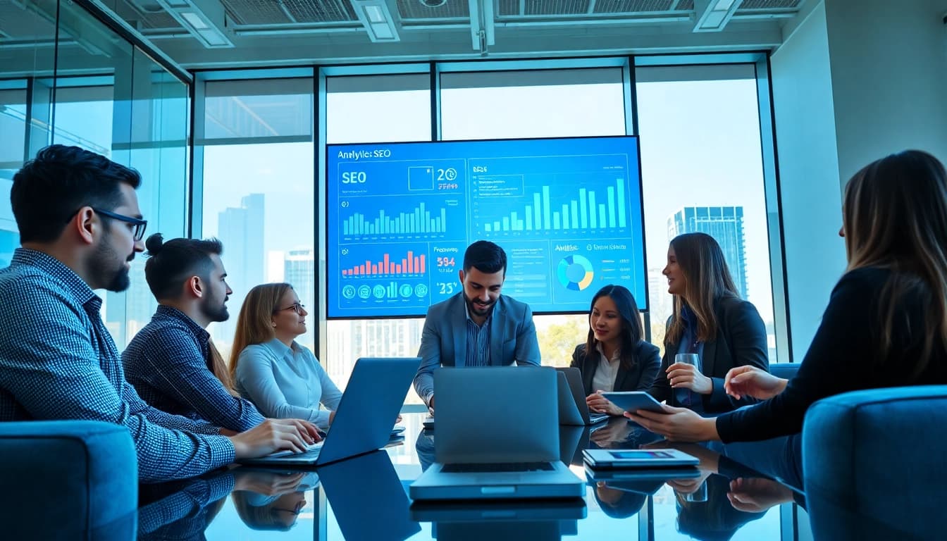 Engage with expert seo services in a collaborative office setting showcasing analytics.
