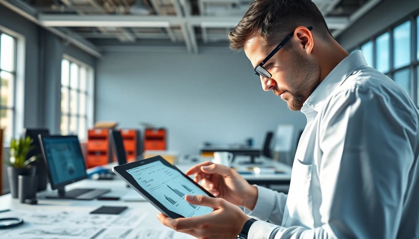 Engineer analyzing das 140 specifications in a bright modern office.