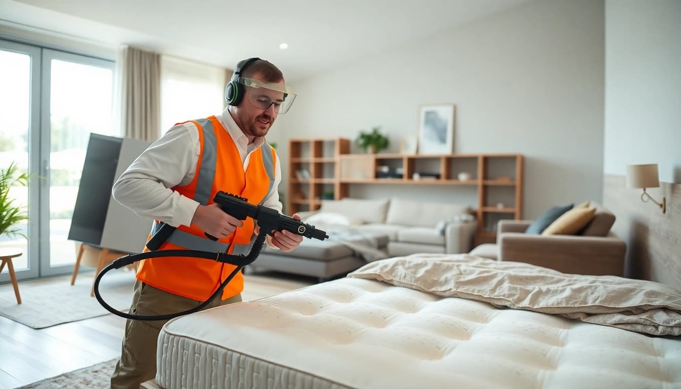 Expert conducts a thorough bed bug treatment in a tidy living room to ensure safety and cleanliness.