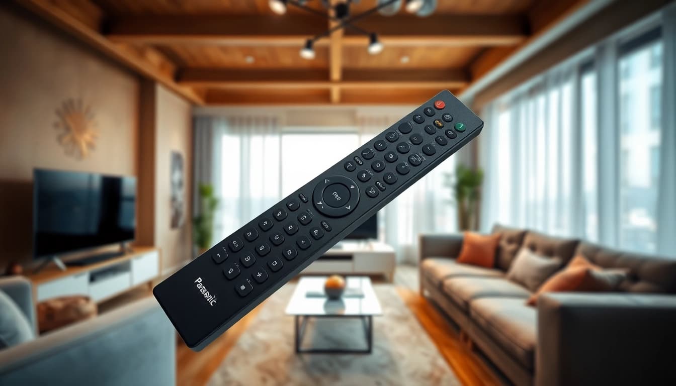 Ersatz Fernbedienung Panasonic auf einem eleganten Wohnzimmersofa präsentiert.