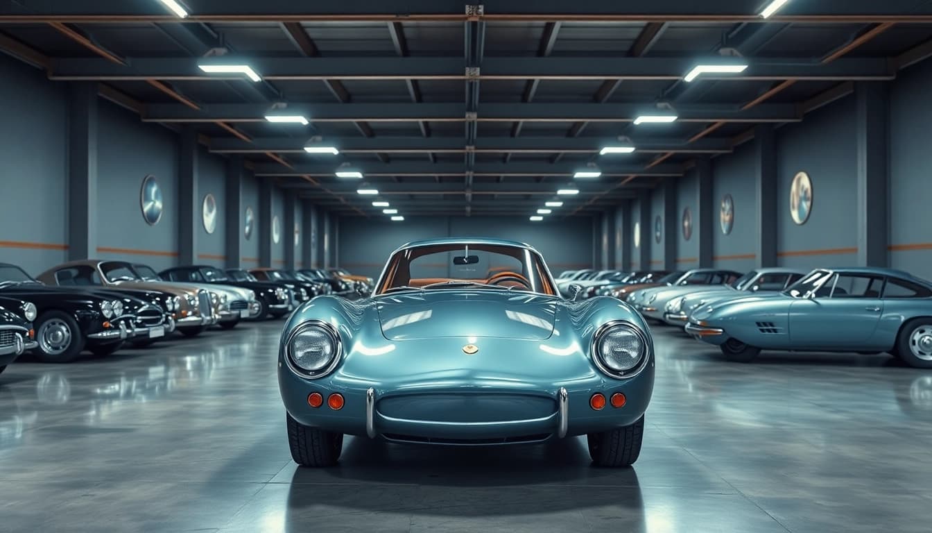 Showcase classic car storage with vintage cars in a premium facility highlighting spaciousness and organization.
