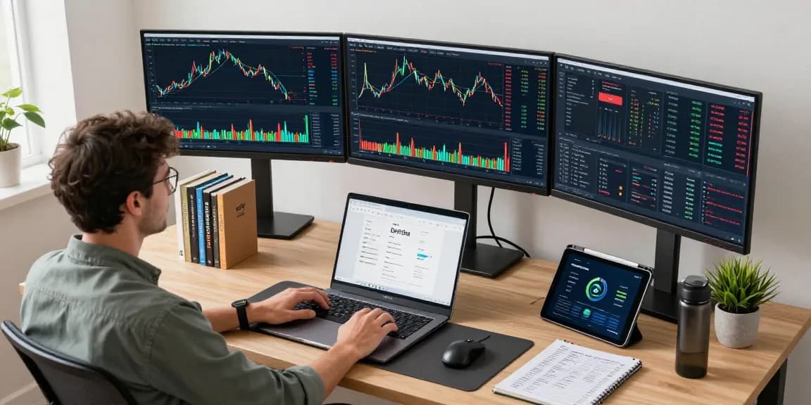 MetaTrader 5 官网的专业加密货币交易环境，展示多种货币交易图表和分析工具的现代办公室设置
