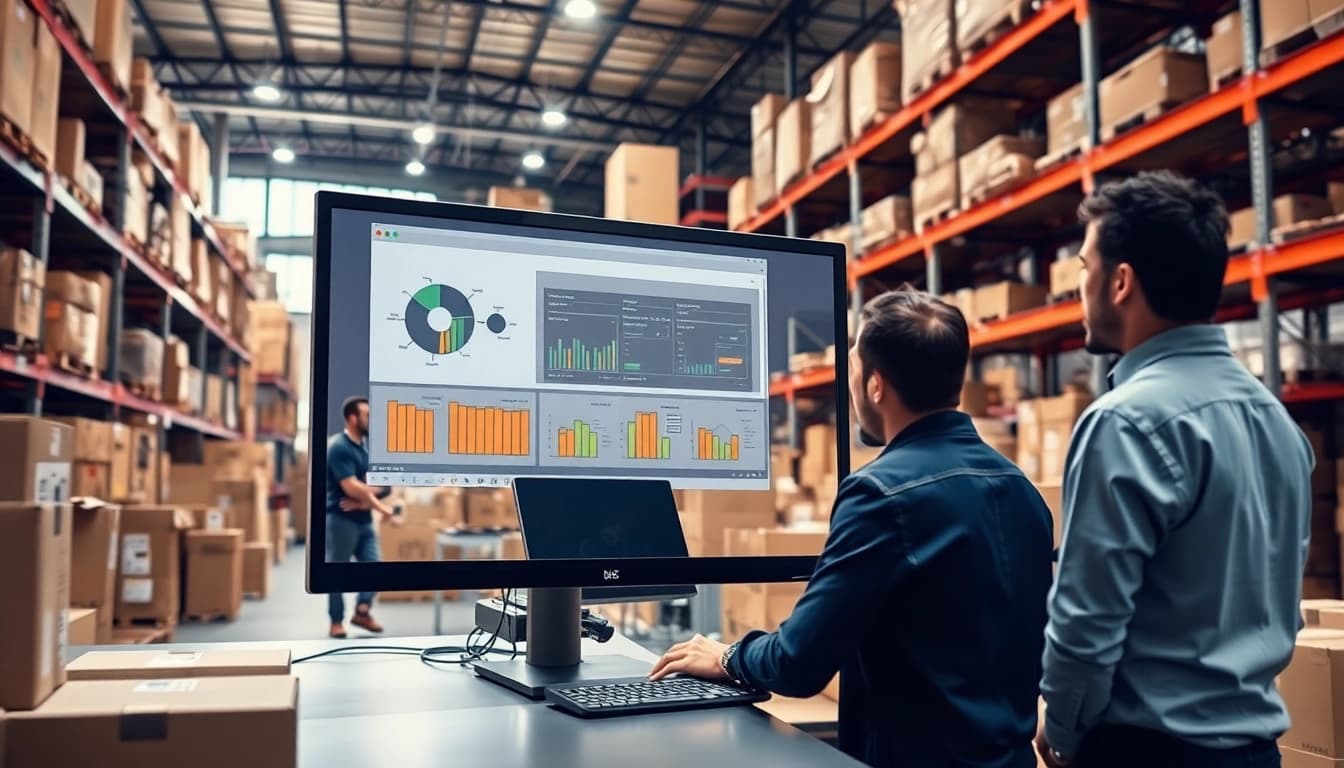 Visualize the order processing software being utilized efficiently in a dynamic warehouse environment.
