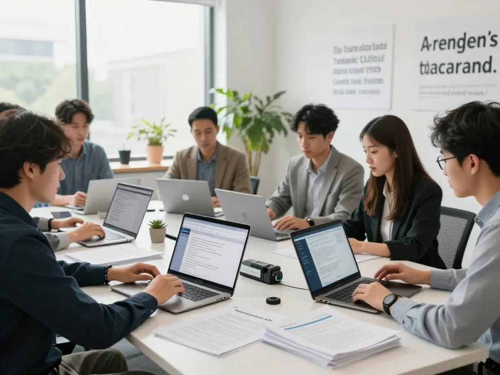 团队在明亮的办公室内协作使用先进的有道翻译工具