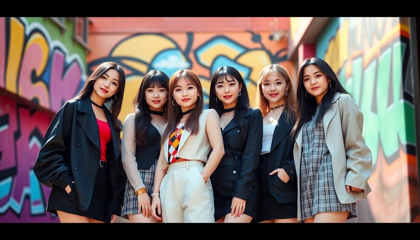 blackpink members posing confidently in a vibrant urban mural backdrop.
