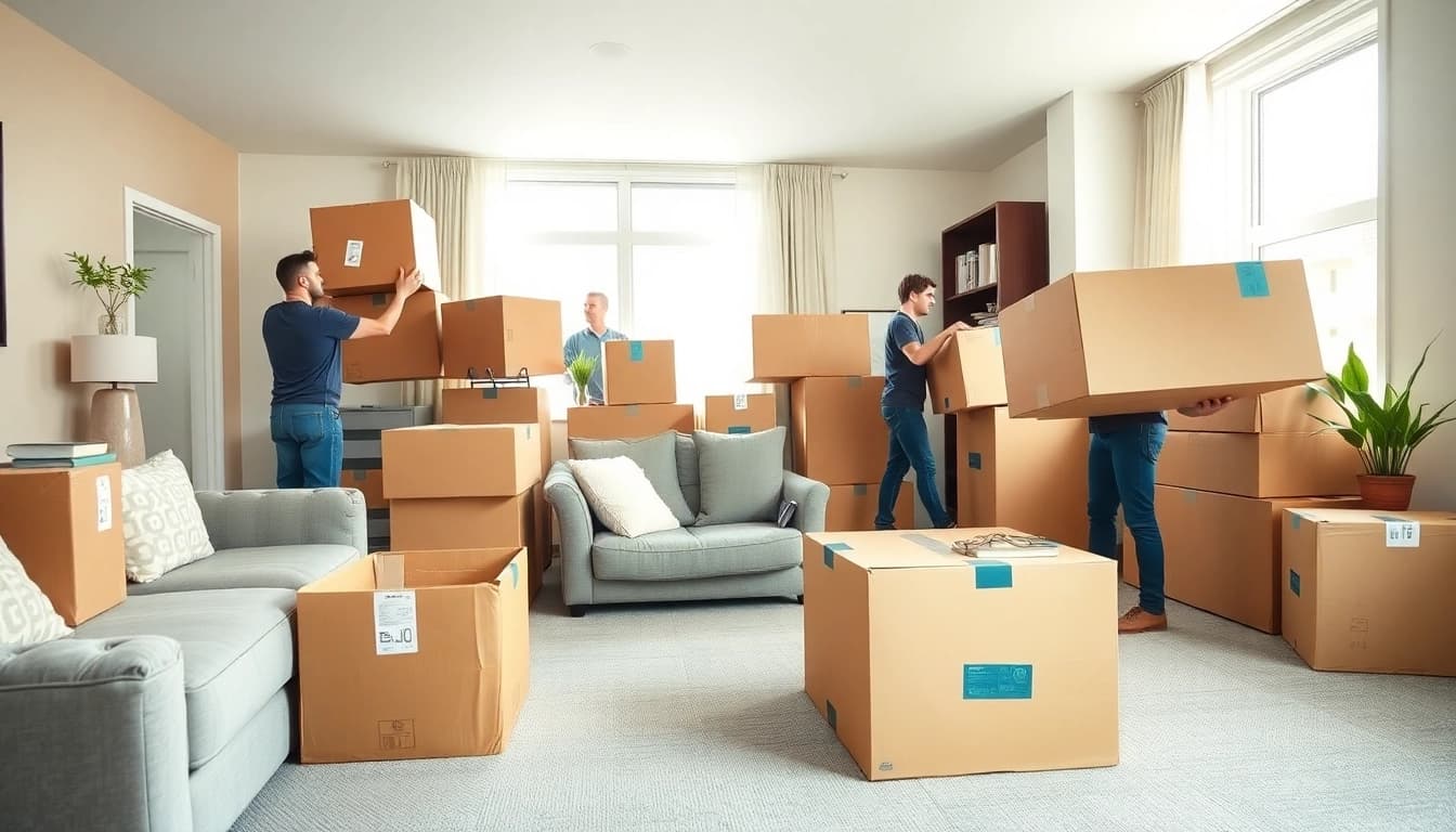 Movers in Boston expertly packing furniture in a modern apartment setting.