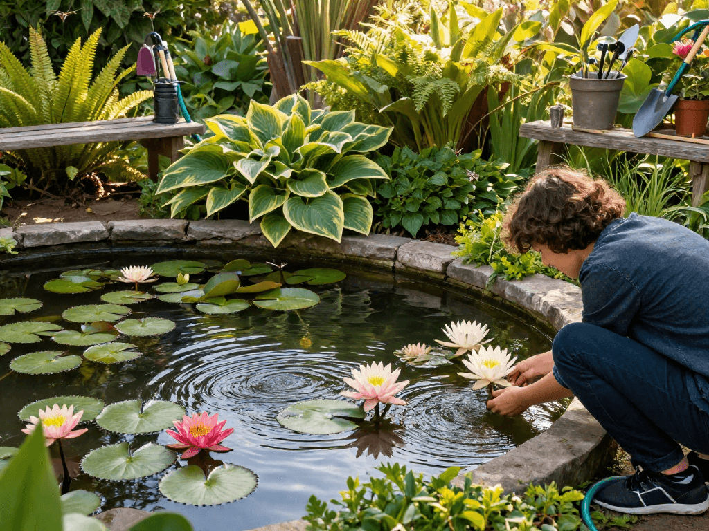 Buy Water Lilies with a vibrant pond scene featuring blooming flowers and lush greenery.