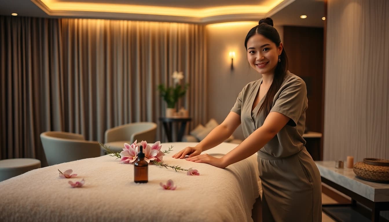 출장안마 service setup with a skilled therapist in a serene hotel room.