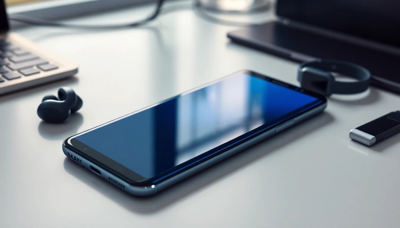Samsung Galaxy S8 smartphone displayed with modern tech accessories, reflecting innovation.