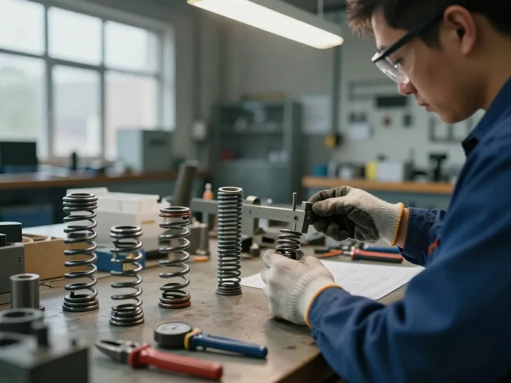 Tehnician asamblând arcuri ciur într-un atelier industrial aglomerat, concentrat pe precizie și măiestrie.