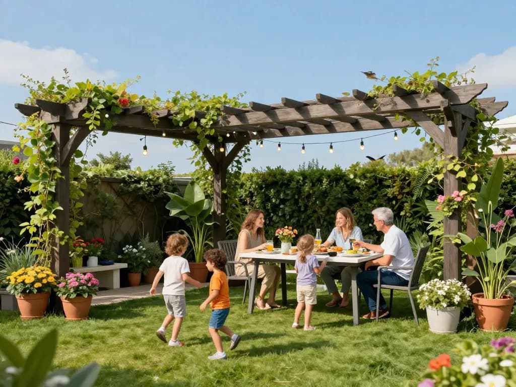 3D pergola configurator showcasing a stylish outdoor space for family gatherings with vibrant plants and a dining setup.