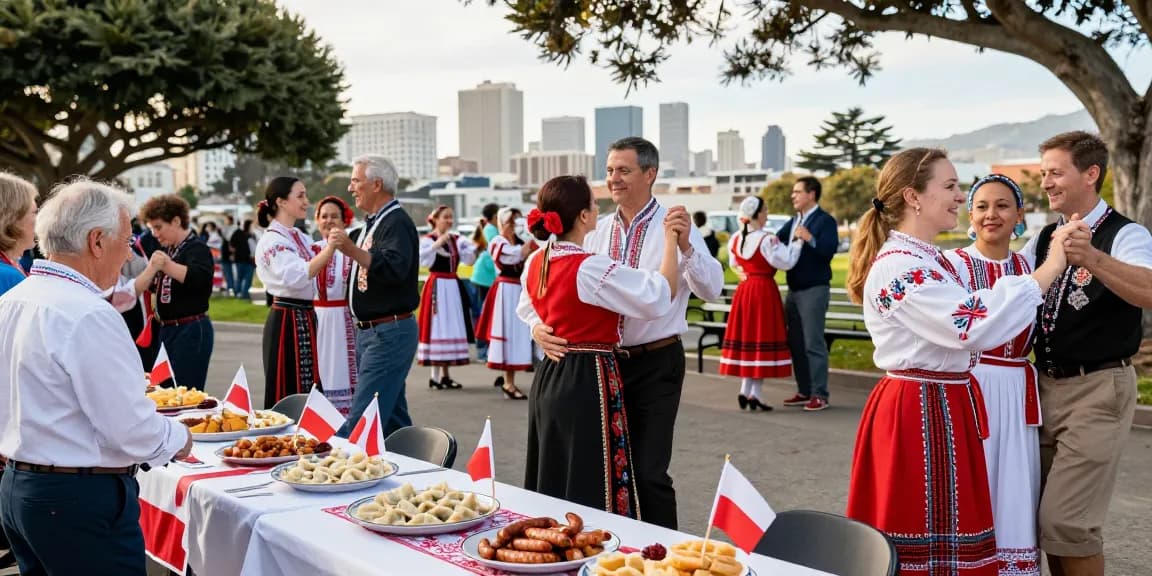 Polish community gathering celebrating culture at https://www.sfpol.com/ in San Francisco park, showing traditional dances and food.