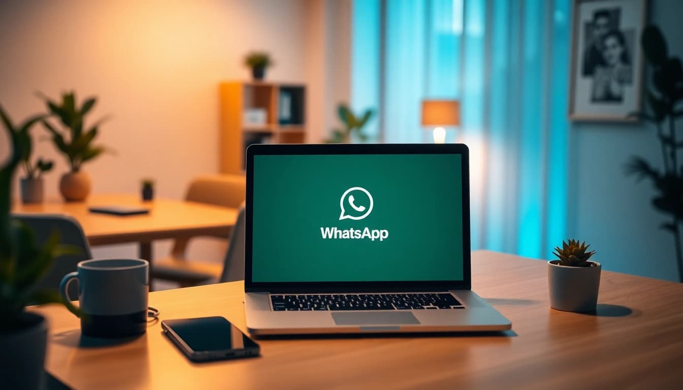 舒适办公室环境中，笔记本电脑上显示的 WhatsApp网页版界面，凸显现代沟通。
