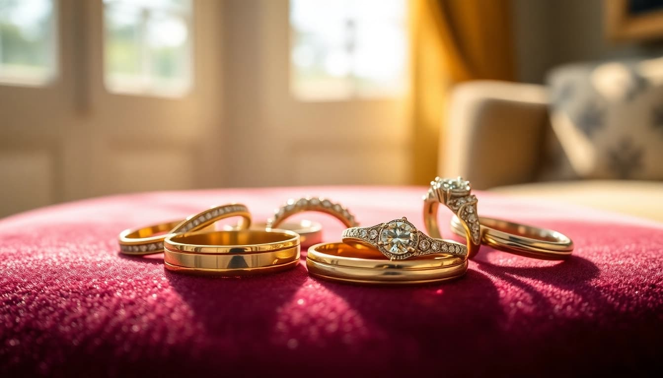 Showcase of elegant wedding bands with intricate designs and sparkling gems.