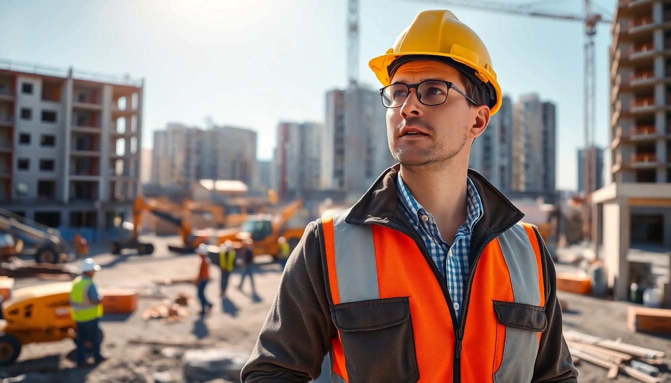New Jersey Construction Manager supervising a busy construction site with workers and machinery.