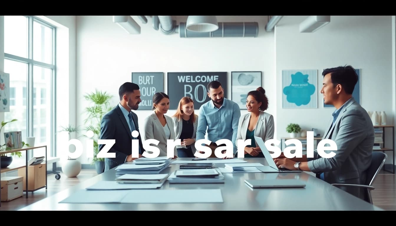 Engaging scene of potential buyers discussing biz for sale opportunities in a modern office.