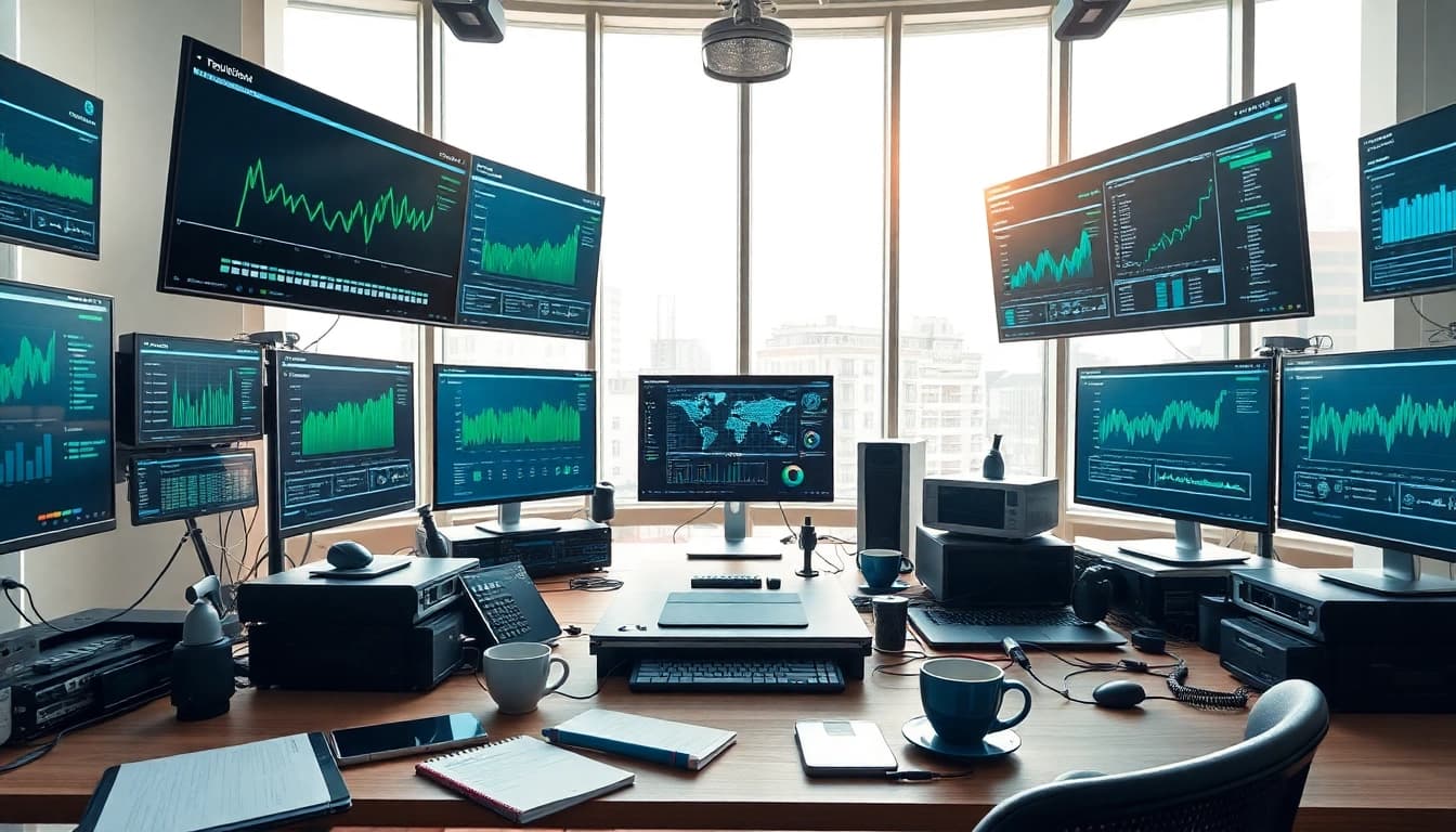 Engaging technology workspace highlighting advanced gadgets and data analysis tools.