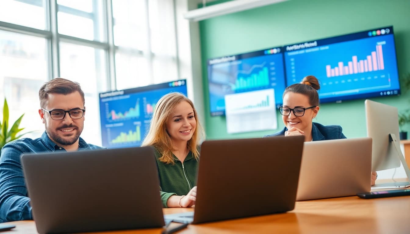 Erfahrenes Team der SEO Agentur analysiert Website-Daten in einem modernen Büro.