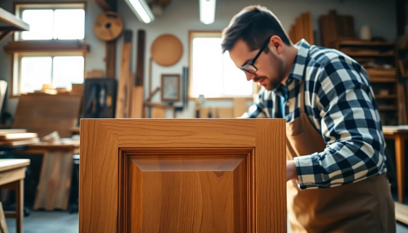 Professional cabinet maker crafting intricate woodwork in a well-lit workshop.