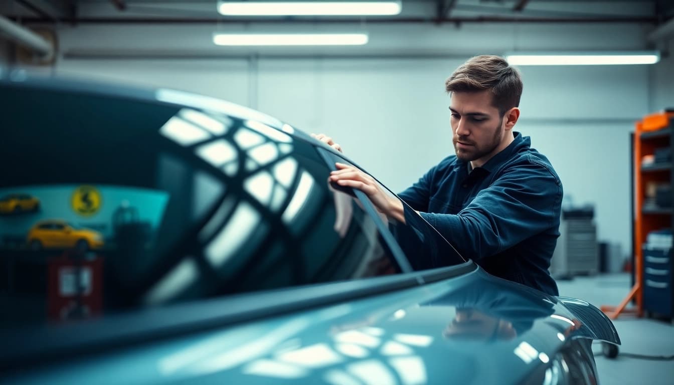 Applying ceramic window tint on a vehicle's window for enhanced performance.