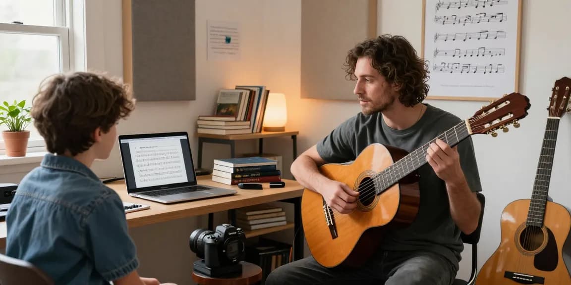 Engaging Guitar Coach Online session with instructor and student in a cozy studio